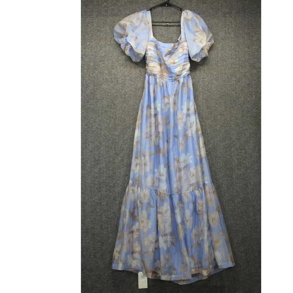 A&F Emerson Drama floral Bow-Back puff sleeve organza tiered Maxi Dress Sz Small